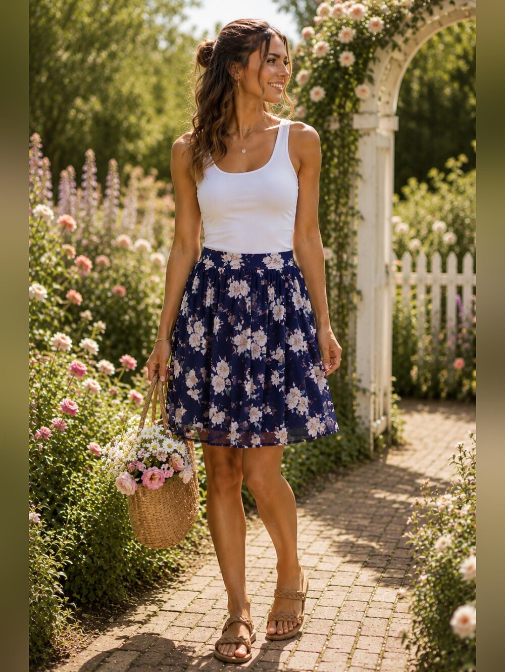 Majestic Legon Mesh Floral Print A-line Knee Length Skirt in Blue Women's Medium